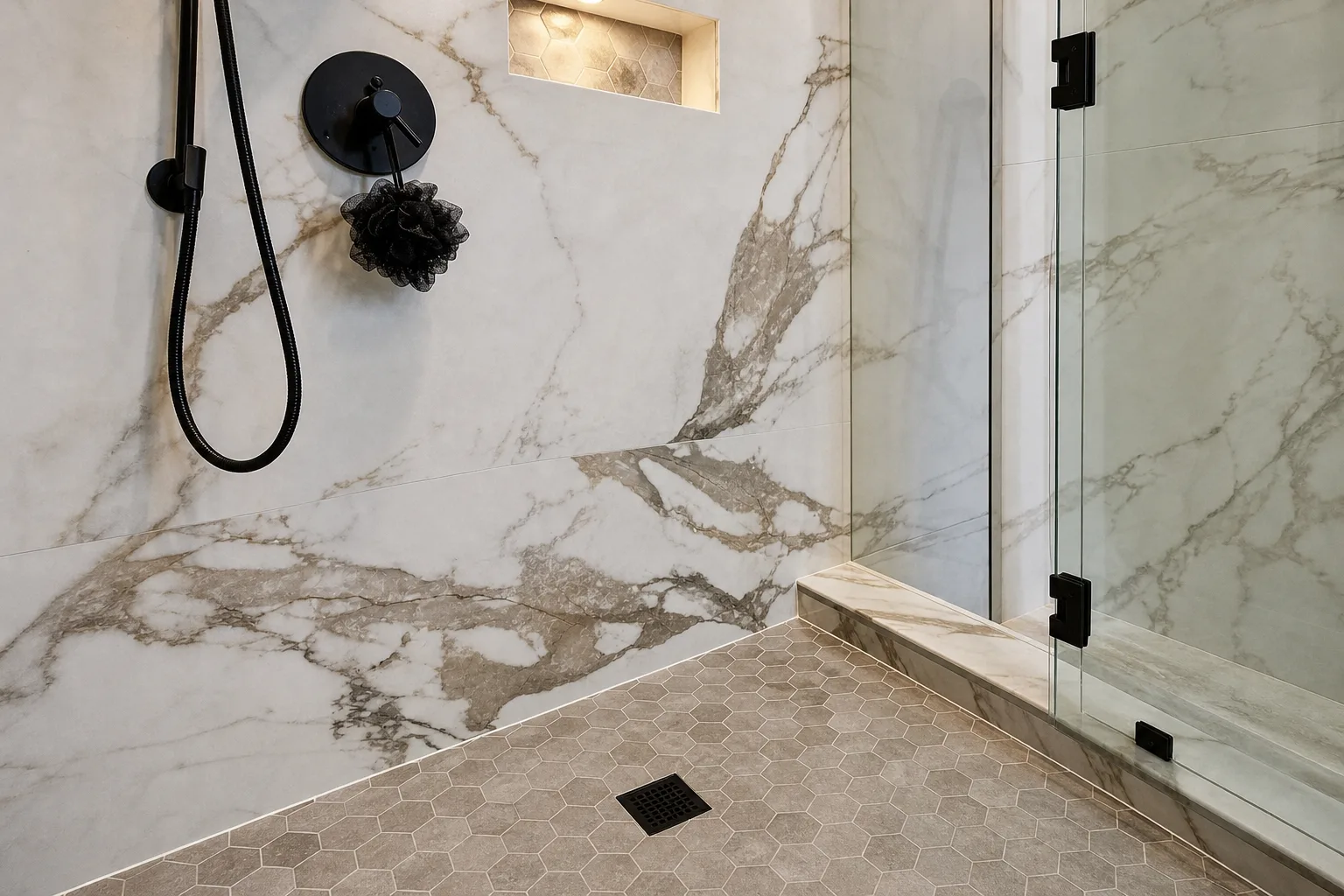 Hexagon mosaic shower floor detail