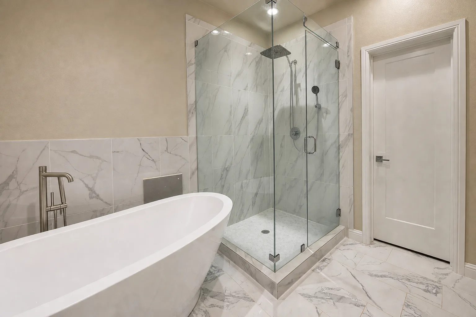 Freestanding soaking tub and walk-in shower