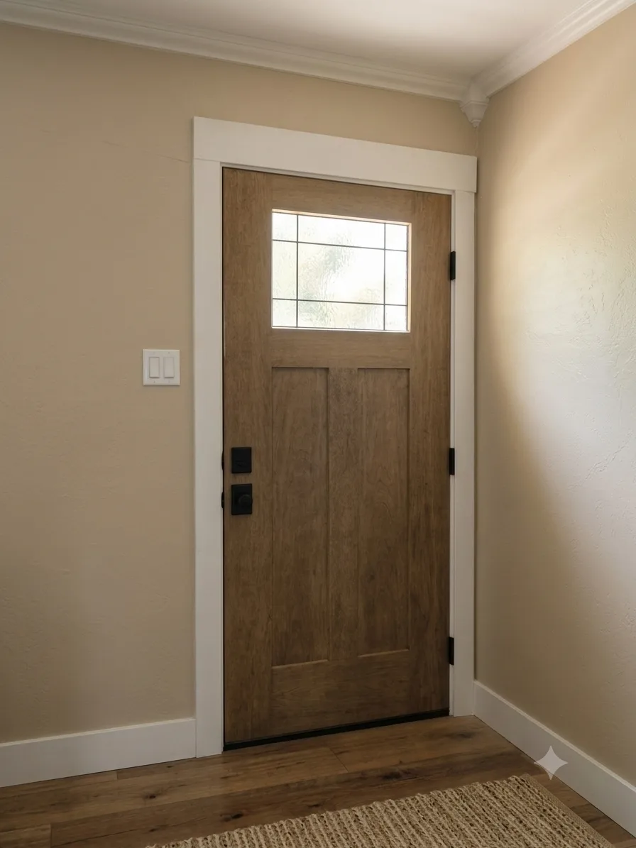 Craftsman-style door installation with trim detail