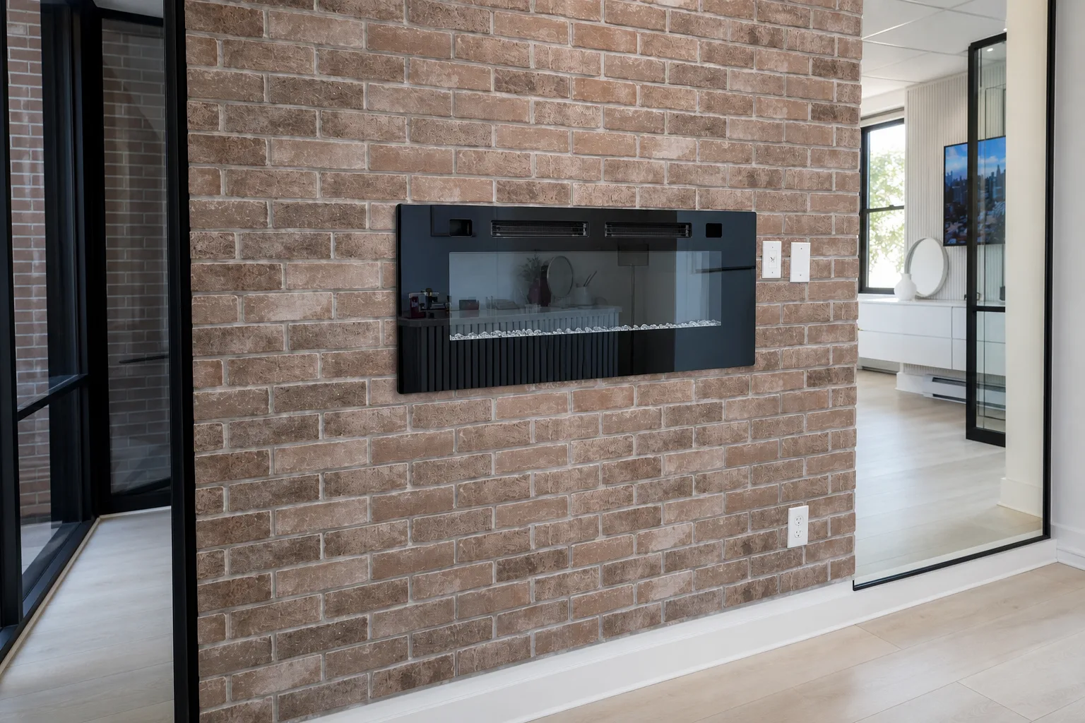 Modern linear fireplace set into a brick accent wall