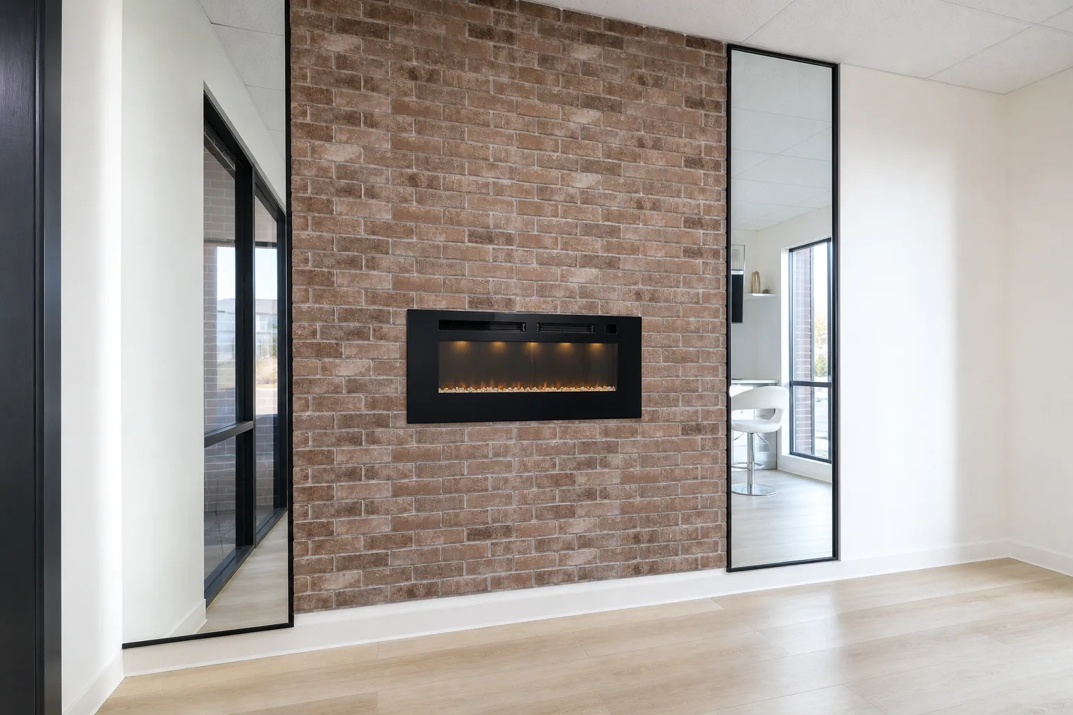 Custom brick accent wall with linear fireplace