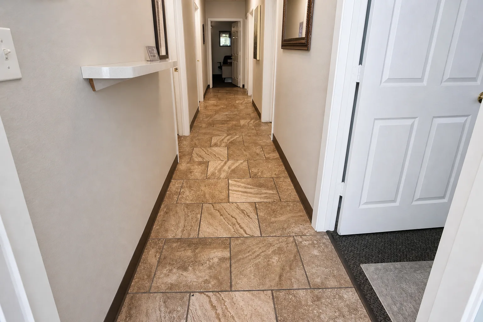 Patterned tile flooring, hallway view