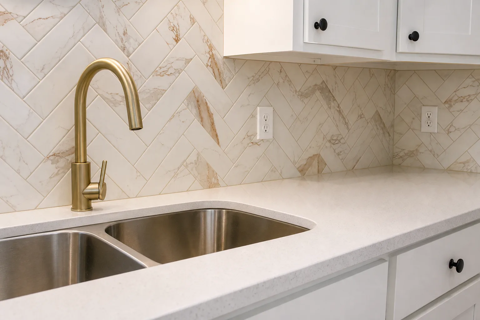Herringbone marble backsplash with brass faucet