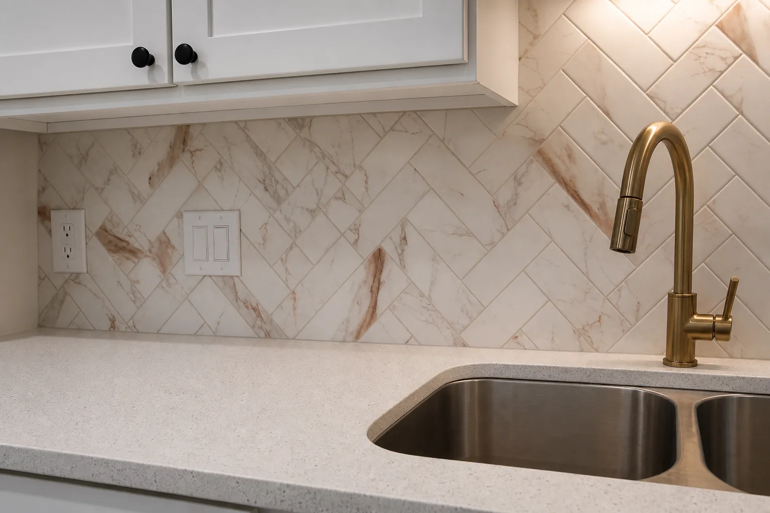 Detail: marble herringbone backsplash at the sink