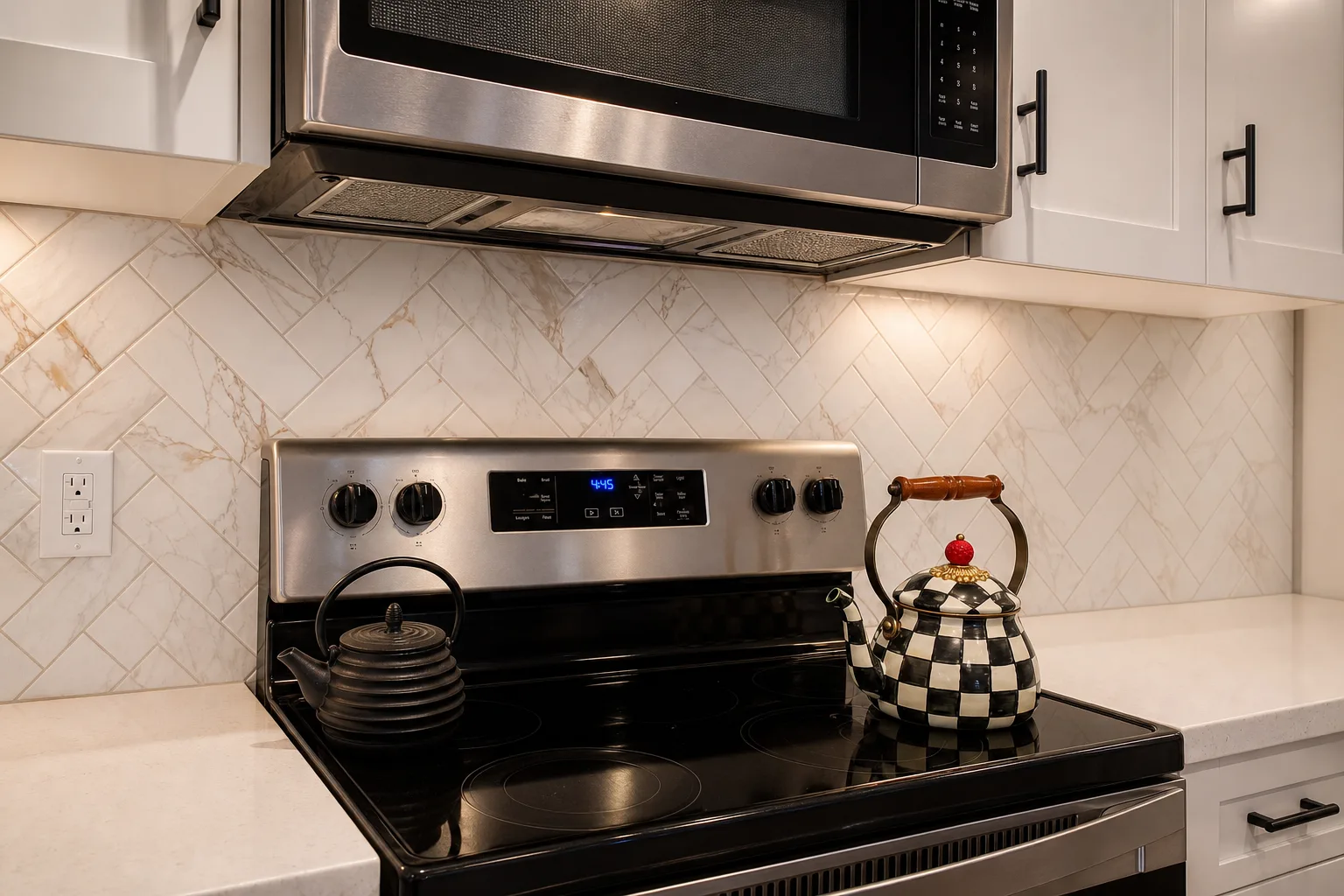 Range hood and herringbone tile backsplash