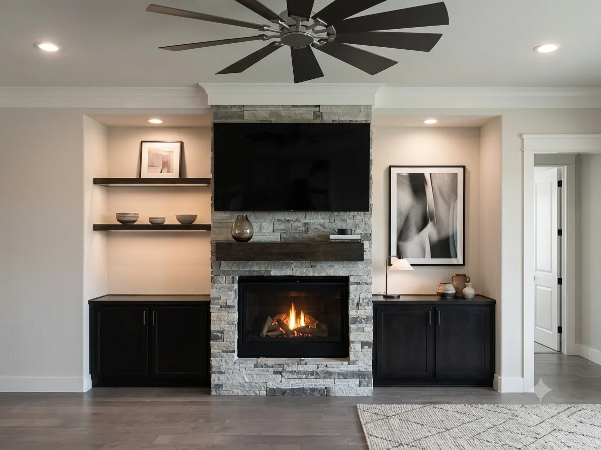 Staged great room: stone fireplace with custom built-in cabinetry